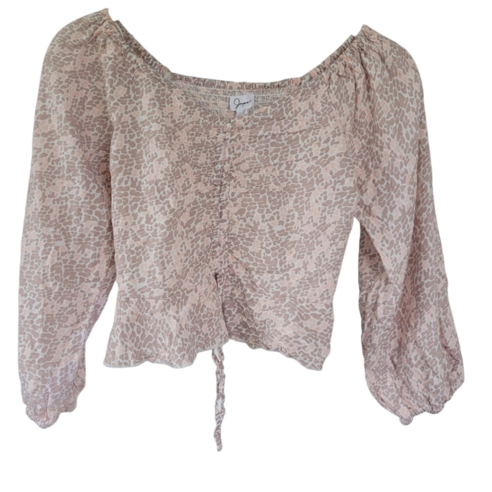 Japna XS Square Neck Ruched Peplum Crop Top Puff Sleeve Animal Print Coquette - Picture 5 of 11